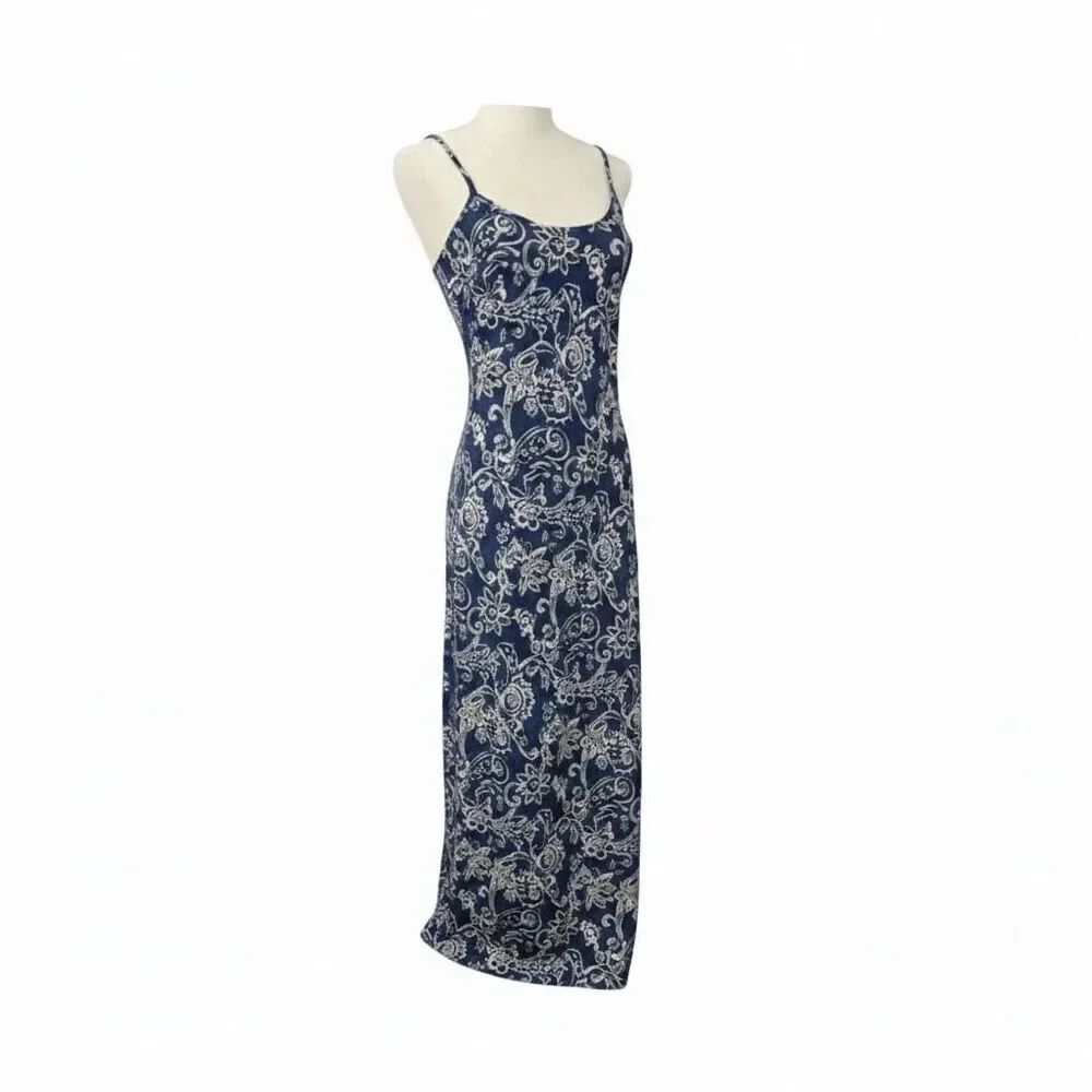 Rampage Blue Floral Sleeveless Shift Maxi Dress Size M Tie-Back Summer Pullover